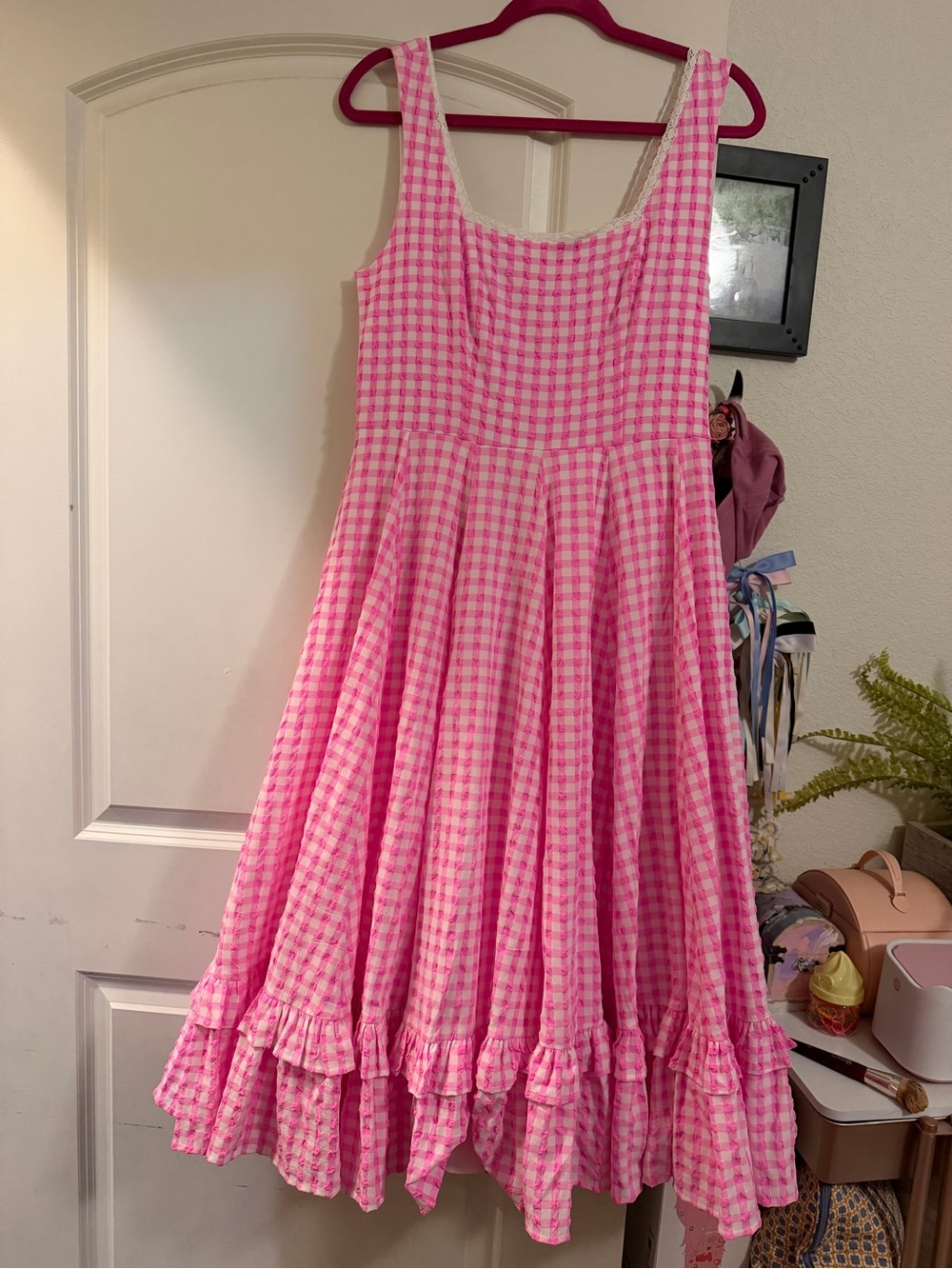 JessaKae Pink Gingham Ruffle-Hem Sleeveless Dress